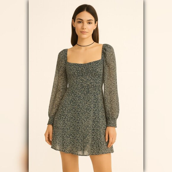 A367 • Navy Floral Square Neck Mini Dress